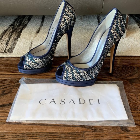 Casadei Satin Embellished Peep-Toe Pump - Picture 3 of 8